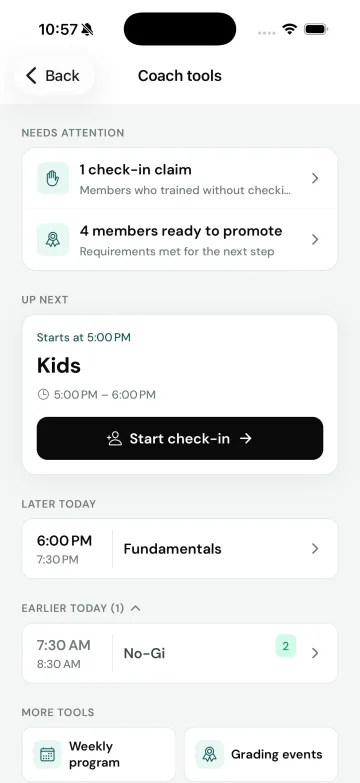 Coach tools: check-in claims, students ready to promote, and the next class