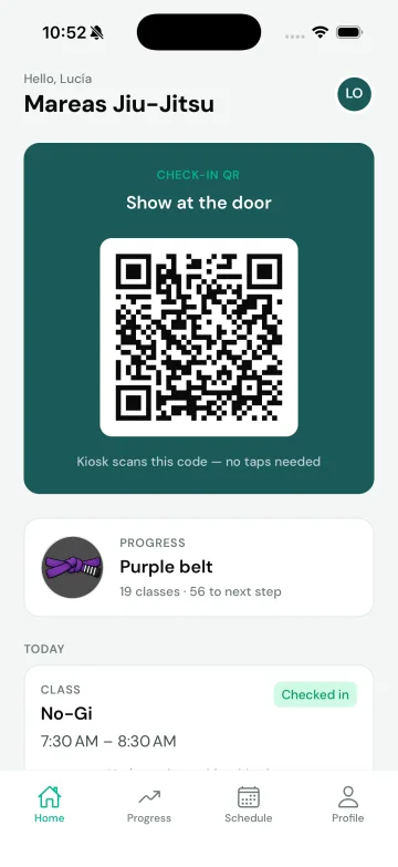 Member app home with the check-in QR and today’s class marked as checked in