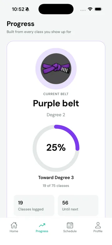 Member progress screen with the current belt and classes toward the next degree