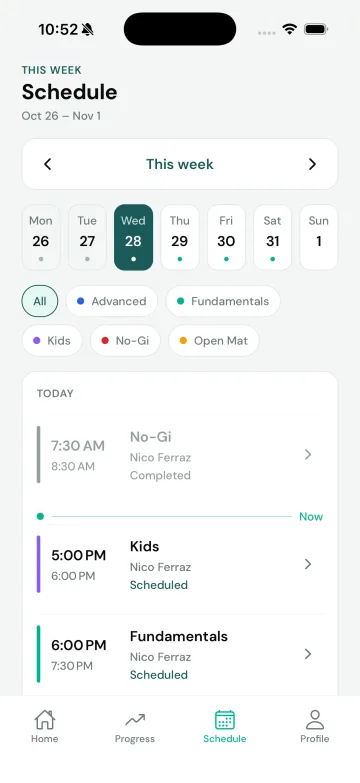 Member schedule for the week, filtered by class type